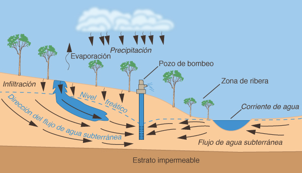 Cono de depresión producido por el bombeo 