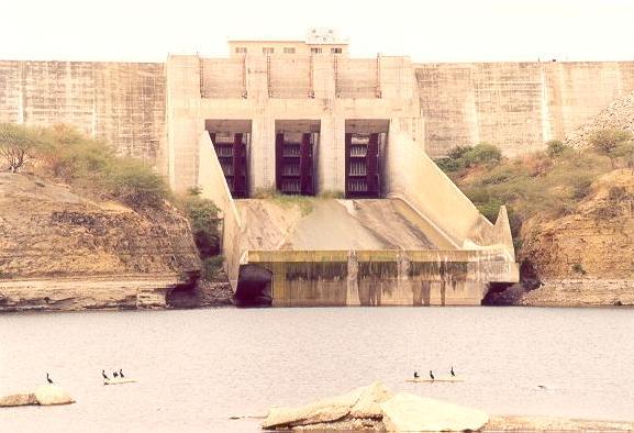 Close-up of ski-jump spillway at Poechos Dam, Rio Chira, Peru