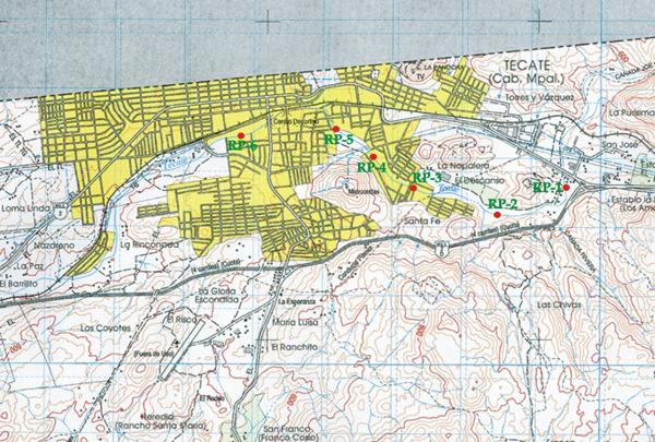 Localizacin de sitios de prueba a lo largo del Ro Tecate.